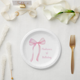 Assiettes En Carton Coquette Bow rose Premier anniversaire