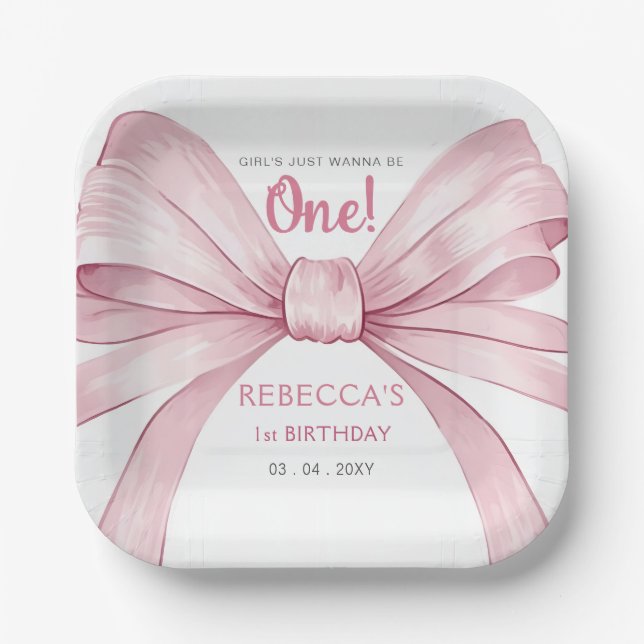 Assiettes En Carton Coquette Bow rose Premier anniversaire (Recto)