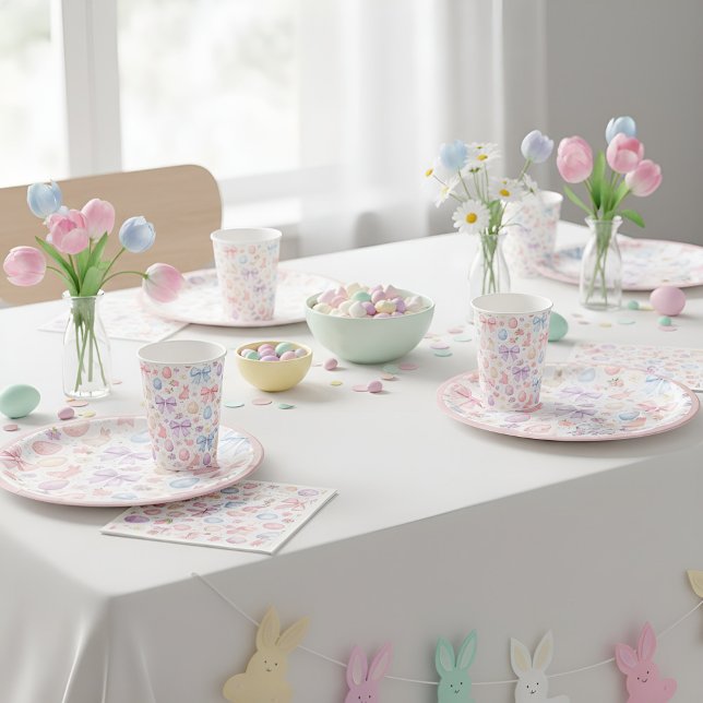 Assiettes En Carton Coquette Bunny & Pink Bows Easter Paper Plates (Whimsical watercolor bunnies & pink bows: a chic, coquette-inspired collection for a dreamy Easter.)