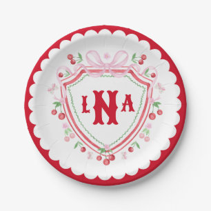 Assiettes En Carton Coquette Cherry Monogram Crest Enterrement de Vie