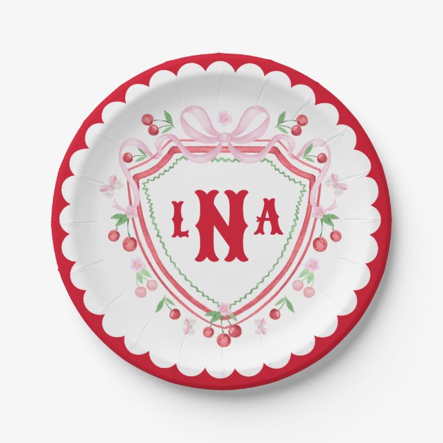 Assiettes En Carton Coquette Cherry Monogram Crest Enterrement de Vie  (Devant)