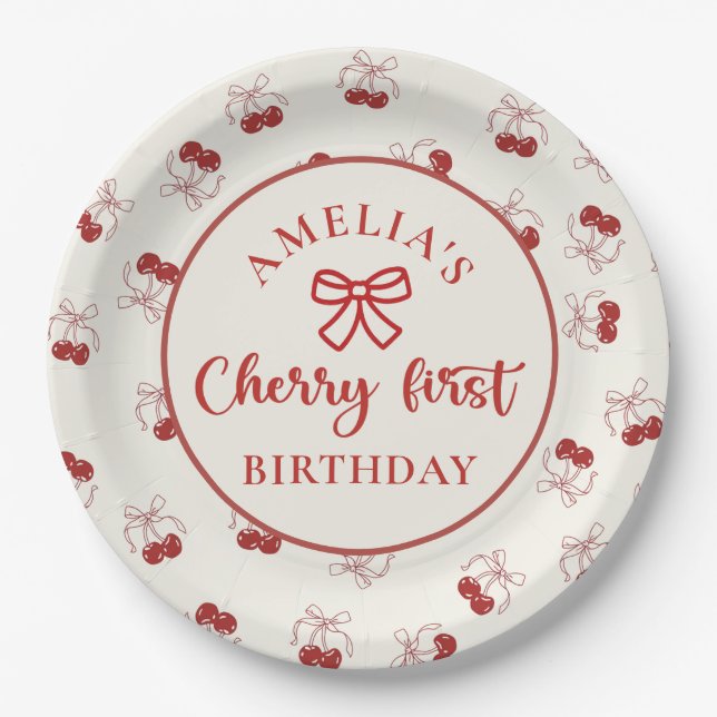Assiettes En Carton Coquette Cherry Premier Anniversaire Plaques de pa (Devant)
