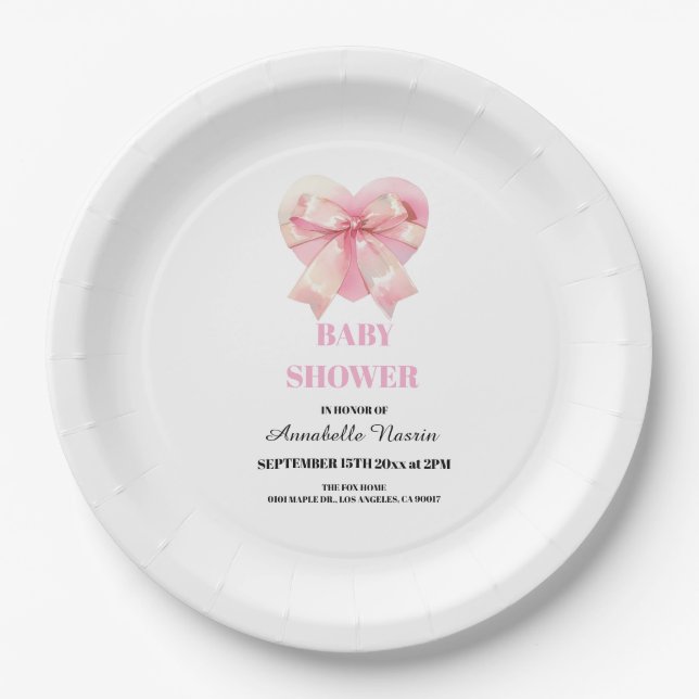 Assiettes En Carton Coquette Pink Bow Ribbon Girl Baby Shower (Devant)