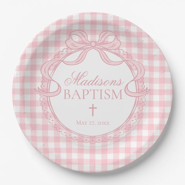 Assiettes En Carton Coquette rose à carreaux avec noeud papillon pour  (Devant)