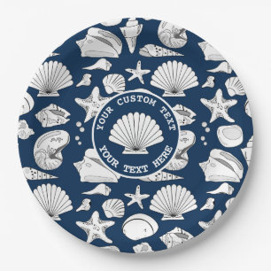 Assiettes En Carton Coquillage marin personnalisé bleu marine 9" 