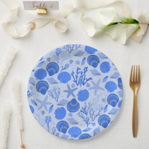 Assiettes En Carton Coquillages bleus et motif corail de plage