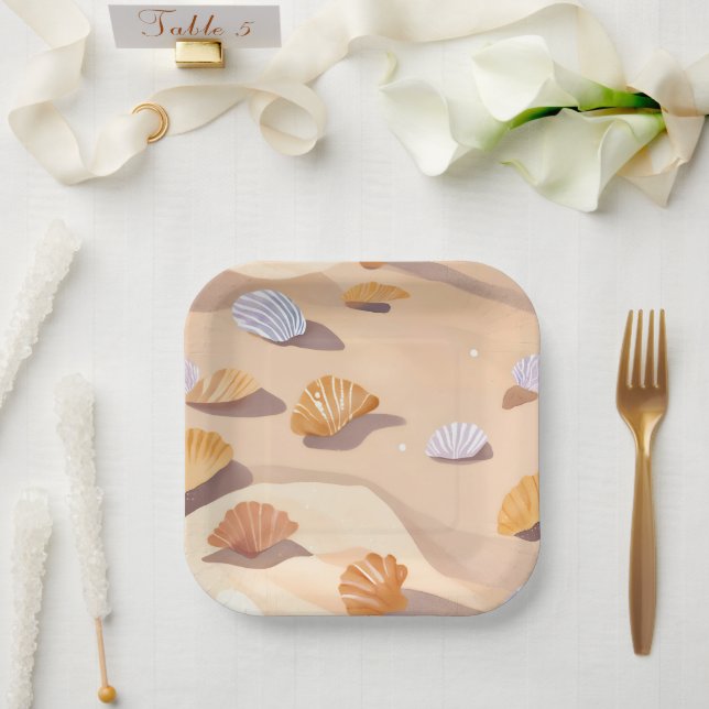 Assiettes En Carton Coquillages dans le sable | Aquarelle de plage (Mariage)