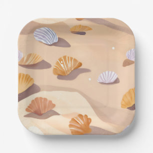 Assiettes En Carton Coquillages dans le Sable Aquarelle Océan Plage