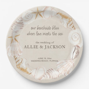 Assiettes En Carton Coquillages de plage Sable Amour Mer Mariage