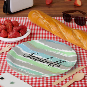 Assiettes En Carton Coquillages gris vert bleu Aquarelle rayures