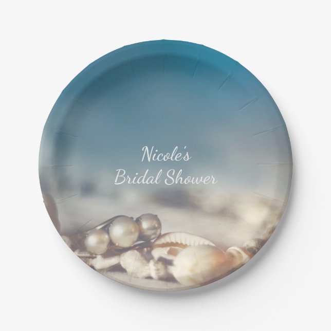 Assiettes En Carton Coquilles de plage et bijoux en perle Fête des mar (Devant)
