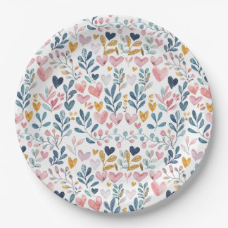 Assiettes En Carton Corações em aquarela