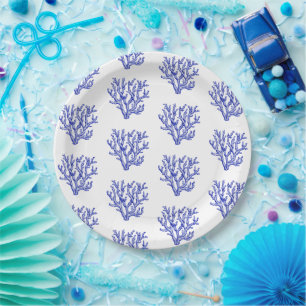 Assiettes En Carton Corail bleu et blanc