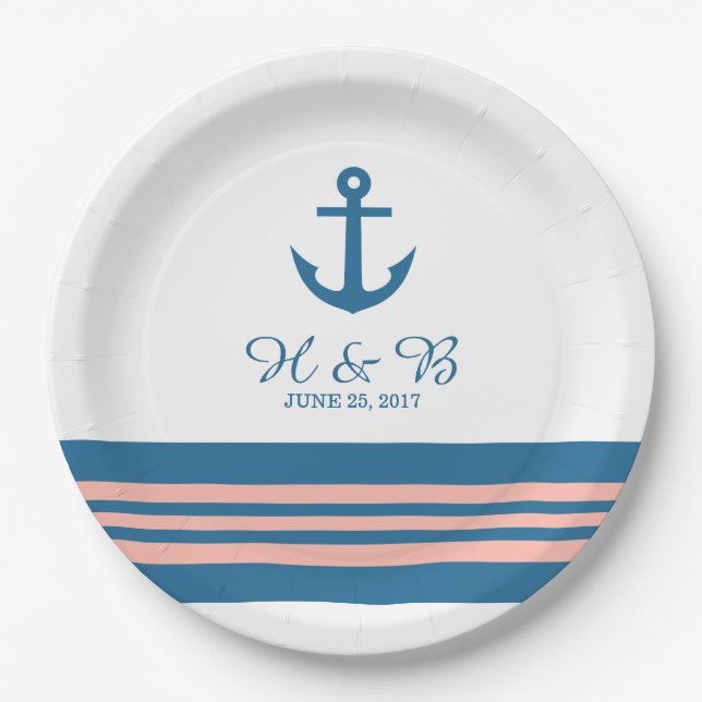 Assiettes En Carton Corail bleu Plaques Mariages Ancres nautiques (Devant)