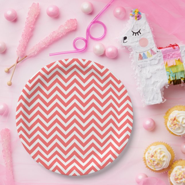 Assiettes En Carton Corail et blanc Chevron (Fête)