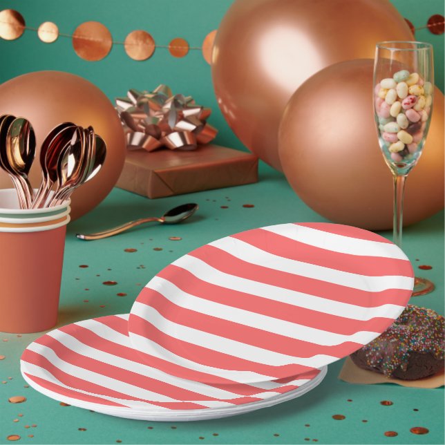 Assiettes En Carton Corail et rayures blanches (Multi)