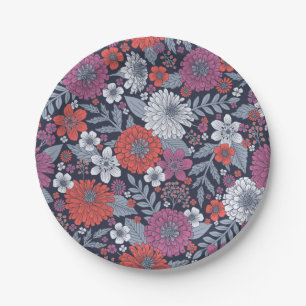 Assiettes En Carton Corail, Magenta et Zinnias bleu