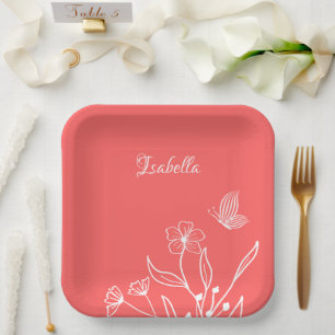 Assiettes En Carton Corail rose floral élégant romantique