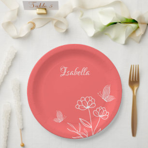Assiettes En Carton Corail rose floral élégant romantique