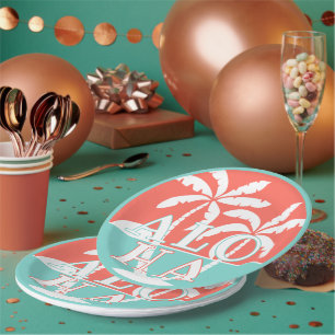 Assiettes En Carton Coral Coucher De Soleil Palmiers Sur Plage Art Mot