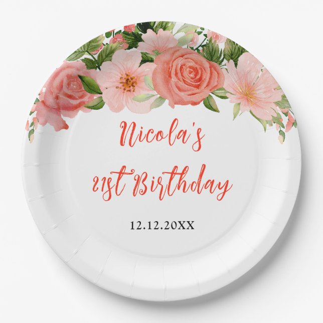 Assiettes En Carton Coral Pink Red Roses Floral Birthday (Devant)
