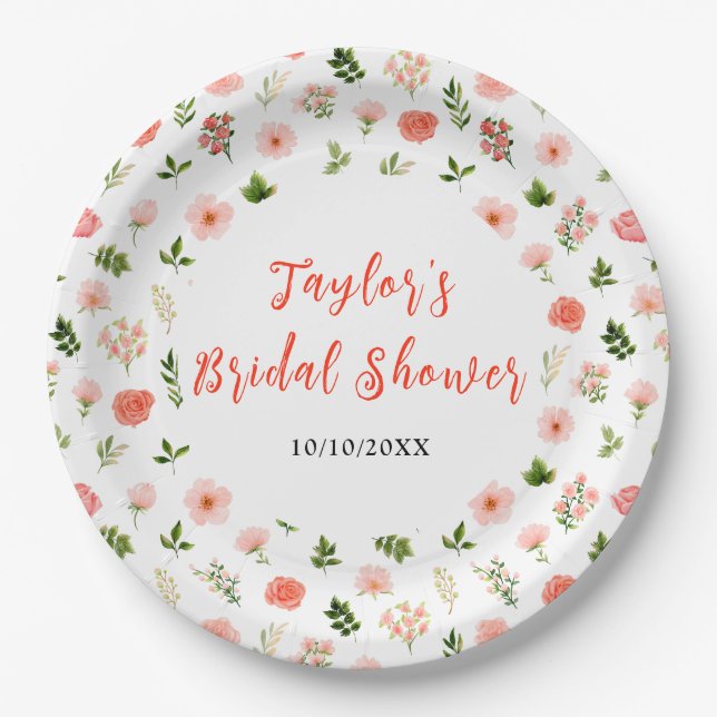 Assiettes En Carton Coral Pink Red Roses Floral Bridal Shower (Devant)