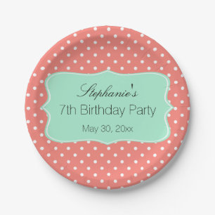 Assiettes En Carton Coral Rose et Mint Green Polka Dot Anniversaire
