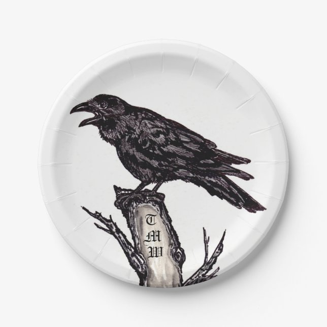 Assiettes En Carton Corbeau noir et blanc Corbeau Monogramme d'oiseau  (Devant)