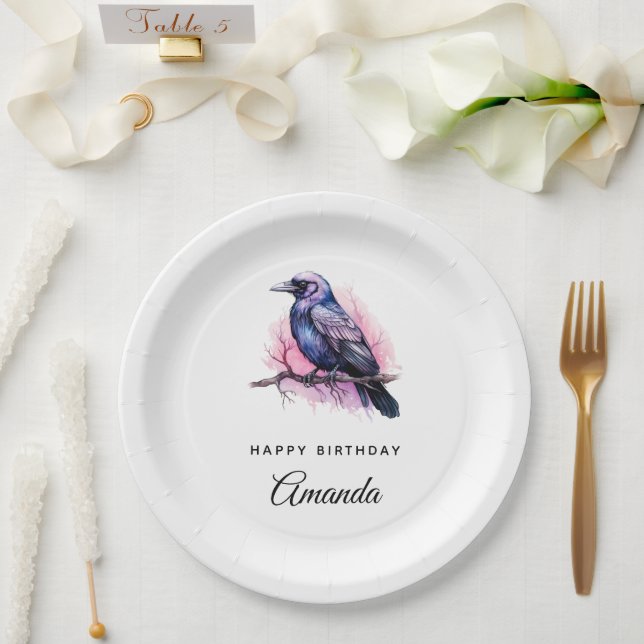 Assiettes En Carton Corbeau noir sur une branche Illustration Annivers (Mariage)