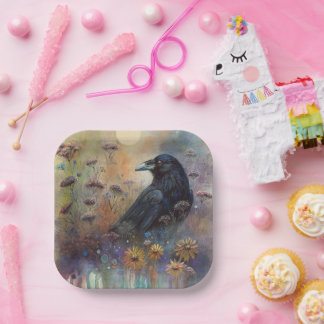 Assiettes En Carton Corbeau peint à la main avec Fleurs sauvages