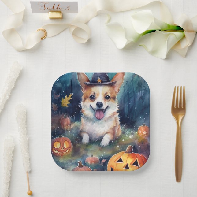 Assiettes En Carton Corgi d'Halloween avec la peur Citrouille (Mariage)