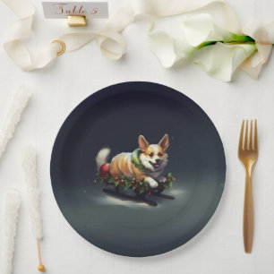 Assiettes En Carton Corgi neige de Noël hiver