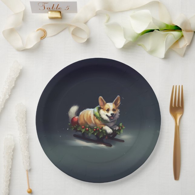 Assiettes En Carton Corgi neige de Noël hiver (Mariage)