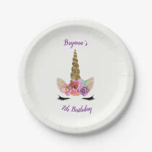 Assiettes En Carton Corne de Licorne Magique Pailletée Or Fête d'Anniv