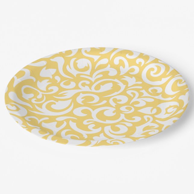 Assiettes En Carton Corne mignonne Blanc jaune Damas motif floral (Angle)