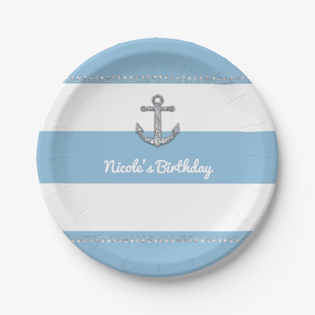 Assiettes En Carton Cornflower Bleu & Blancs Ancre diamant (Devant)