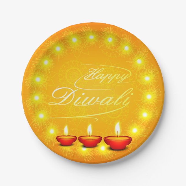 Assiettes En Carton Correspondance avec Happy Diwali Plate Jaune 7" (Devant)