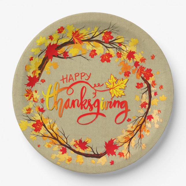 Assiettes En Carton Correspondance Thankgiving Autumn Leaf Tones 9" (Devant)