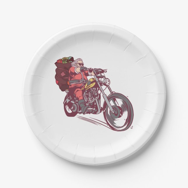 Assiettes En Carton Costume de Noël père Noël Biker pour Invitatiatiat (Devant)
