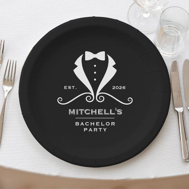 Assiettes En Carton Costume de Smoking pour Enterrement de Vie de Garç (Bachelor Party Tuxedo Suit Bowtie Black Wedding Paper Plates
)