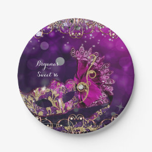 Assiettes En Carton Costume rose et or Masque de bal masqué Anniversai
