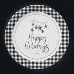 Assiettes En Carton Cosy Nature Fête de vacances<br><div class="desc">Nature moderne et simpliste et douillette,  Plaque de papier de fête de vacances. Branche aquarelle ornée de pinecones et d'ornements décoratifs étoiles,  design de typographie chic avec bordure motif plaid tendance.</div>