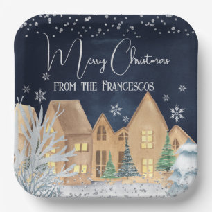 Assiettes En Carton Cosy Watercolor Village d'hiver Noël