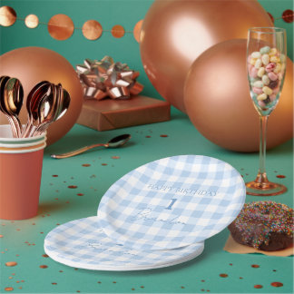 Assiettes En Carton Cottagecore Bleu Bébé à Carreaux Anniversaire