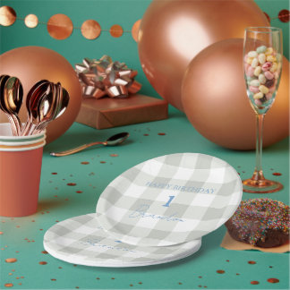 Assiettes En Carton Cottagecore Bleu Bébé Carreaux Anniversaire