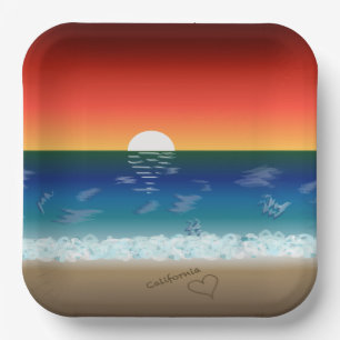 Assiettes En Carton Coucher de soleil en Californie   Beach Sand Heart