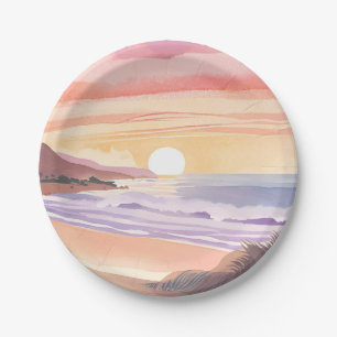 Assiettes En Carton Coucher de soleil sur la mer rose   Peinture aquar