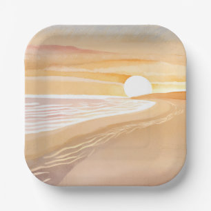 Assiettes En Carton Coucher de soleil sur la plage aquarelle   Beau ja