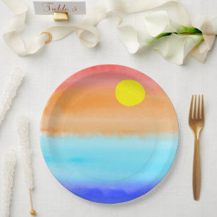 Assiettes En Carton Coucher de soleil sur l'aquarelle de l'océan Art A