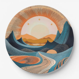 Assiettes En Carton Coucher de soleil surréaliste dans le désert abstr